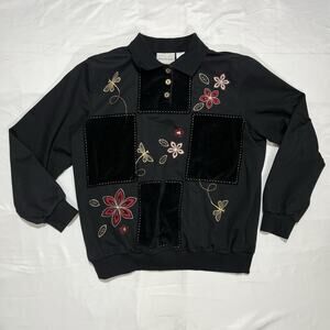 Alfred Dunner VTG women’s Black Long Sleeve Top Size M Floral Print Embroidered